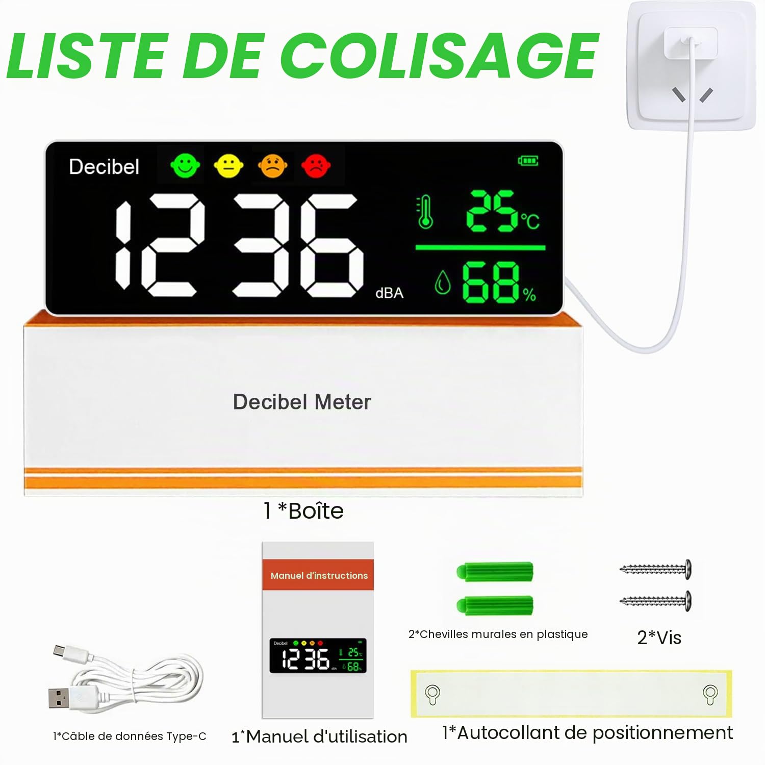 Sonomètre professionnel avec enregistrement de données, décibels de bruit numérique 30-130 dBA, moniteur de température et d'humidité, export de type C, fonction d'alarme pour lieu de travail