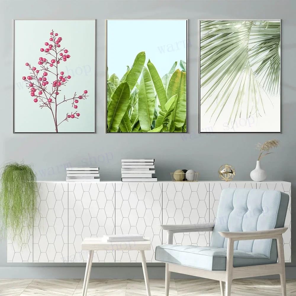 WBYZAC Art Prints-Abstract Palm Leaves Tropical Plants Poster Banana Leaf Cranberries Scandinavian Art Prints Nordic Canvas Painting Living Room Kitchen Decor-50 * 70cm*3PCS (No Frame)
