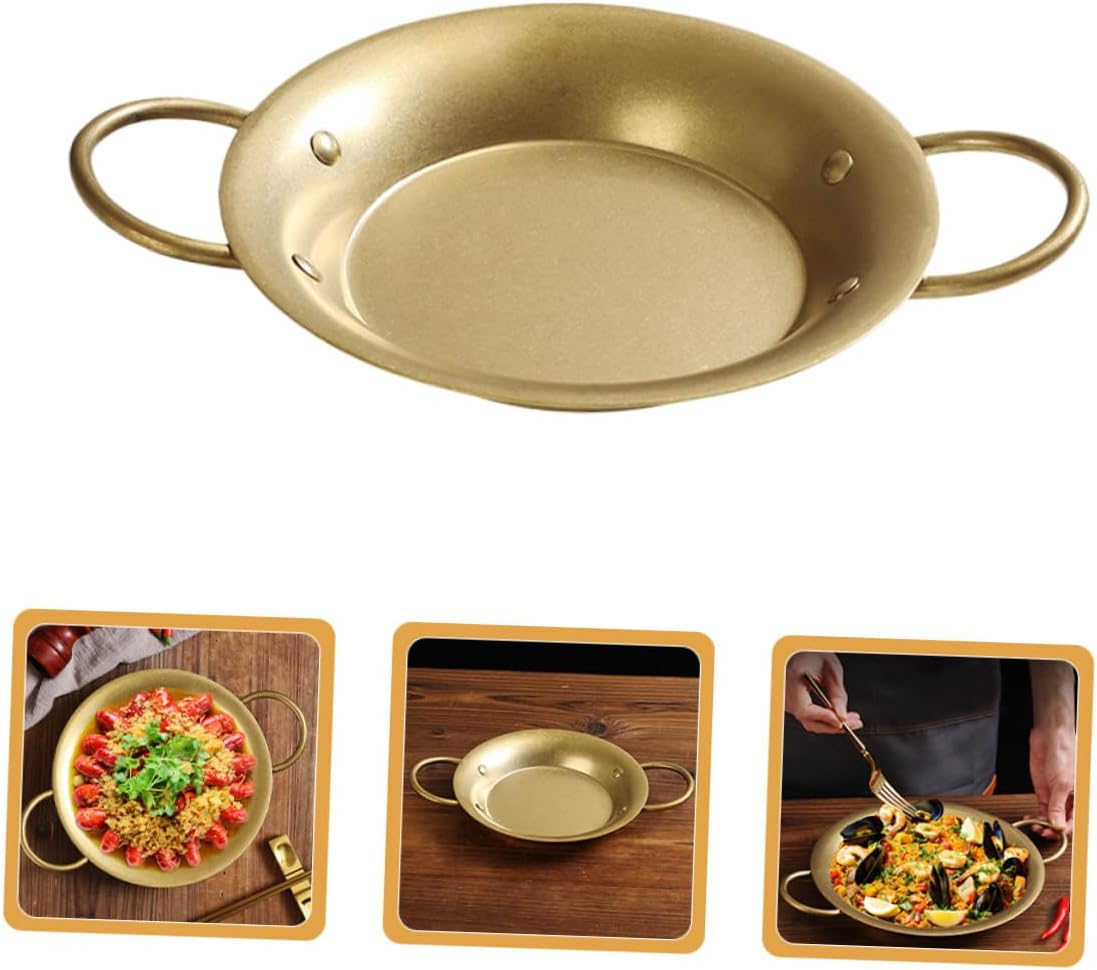 Stainless Steel Paella Pan 20.5cm Retro Gold Double Handle Spanish Seafood Rice Pan for Home and Restaurant Cooking