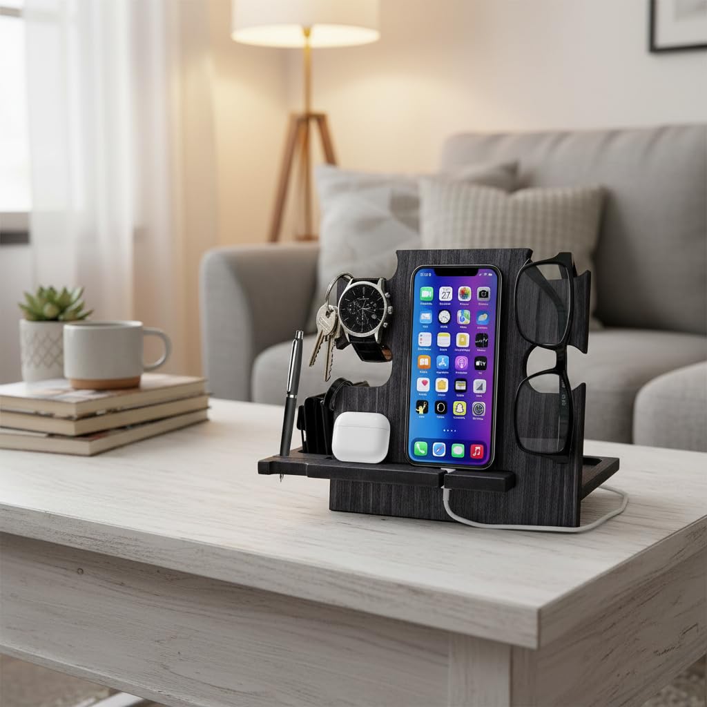 Greta Oto Svuota Tasche da Ingresso Organizer Scrivania Idee Regalo Papà Uomo Anniversario Compleanno Porta Orologi e Cellulare Tavolo e Comodino Artigianale in Legno Made in Europe (Nero)