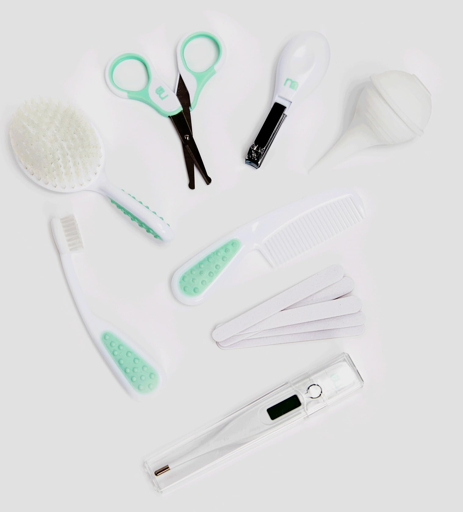 Mothercare Complete Babycare Kit | Baby Nail Care Set - Clippers, Scissors,Filers | Hair Care Set - Hair Comb and Hair Brush | Nasal Aspirator | Digital Thermometer | All in a Travel Pouch