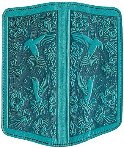 Oberon Design Hummingbirds Embossed Genuine Leather Checkbook Cover, 3.5x6.5 Inches, Teal
