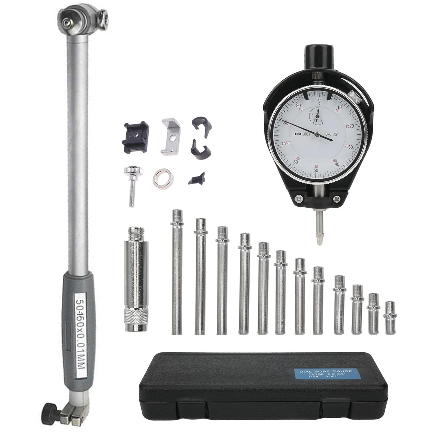 Strumento Di Misurazione Della Precisione Del Diametro Interno 50-160 Mm, Precisione 0,01 Mm, Profondità 150 Mm, Completo Di 12 Punte Intercambiabili e Custodia, Con Indicatore a Quadrante