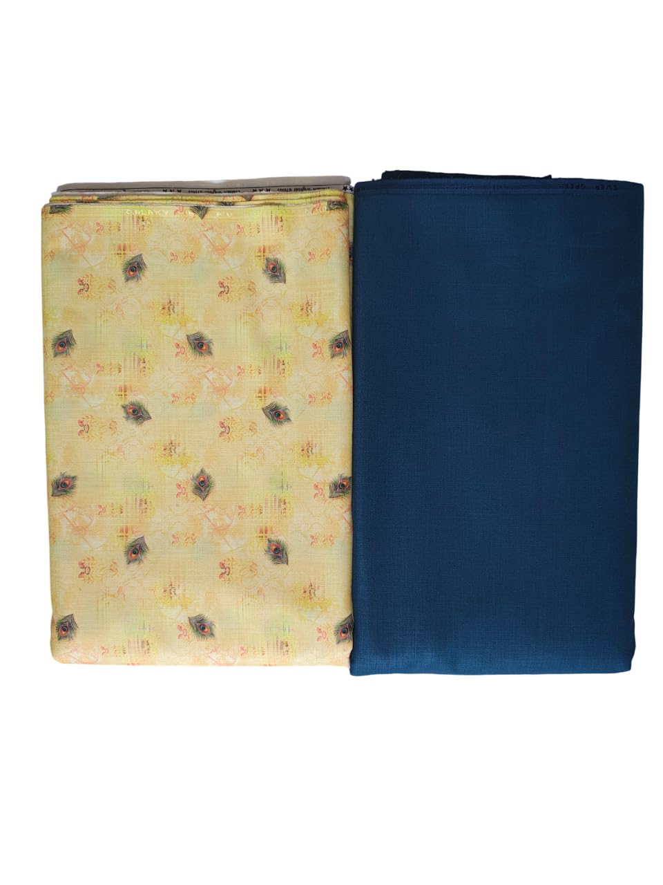 Cotton Blend Unstitched Fabric Set, Light Yellow Morpankhi Print and Solid Teal, 2 Pieces, Men's Formal Kurta Material-picture-14
