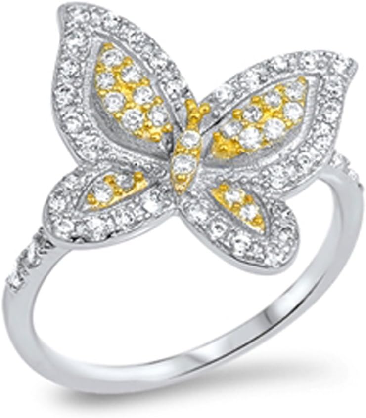 Clear CZ Gold-Tone Butterfly Micro Pave Ring 925 Sterling Silver Band Sizes 5-11