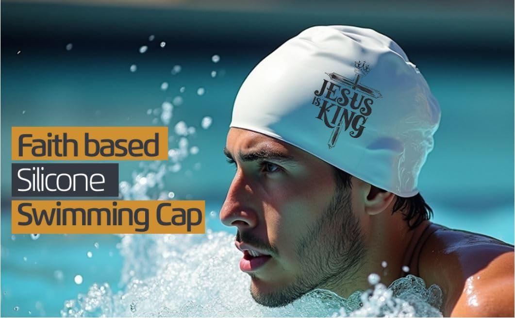 Product Maxx Faith-Based Silicone Swim Cap - Jesus is King & He is Risen Religious Swim Cap for Adults & Kids - Waterproof, Durable, Comfortable - Swimming Cap (Black with White Design)