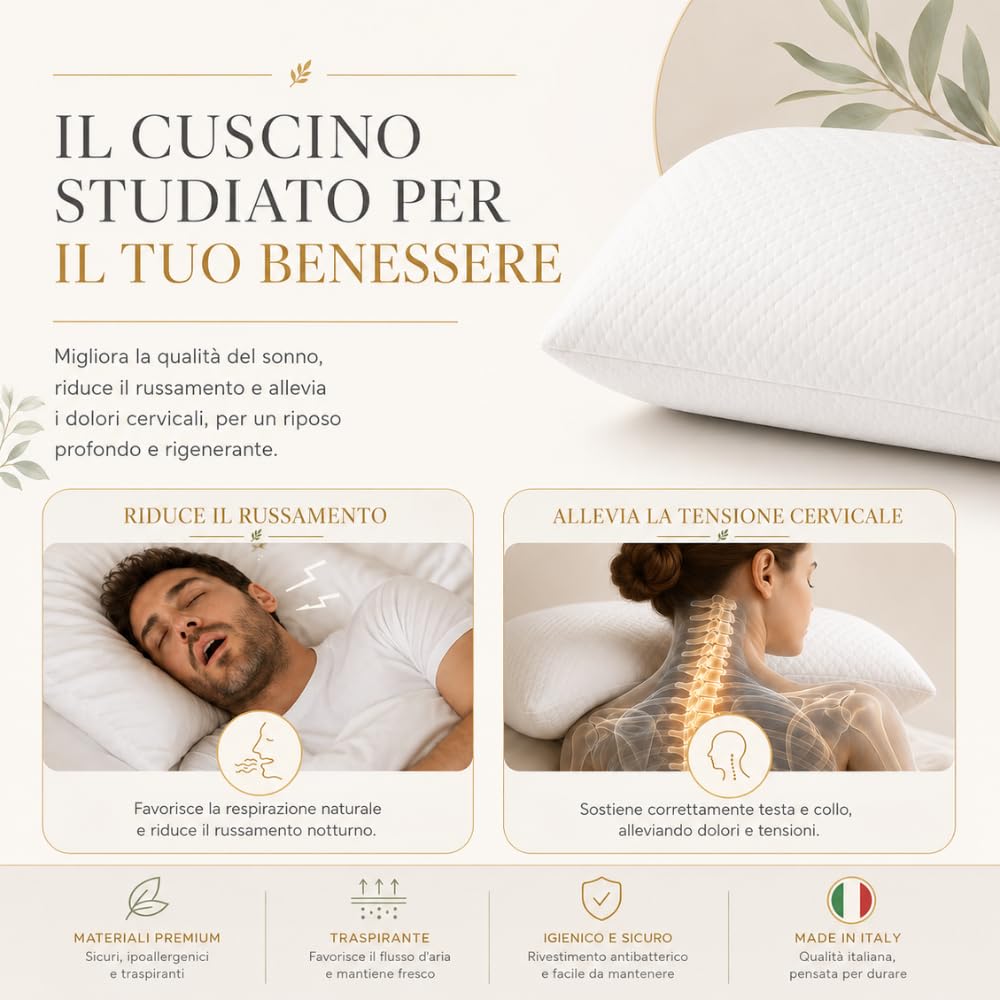 DREAM HAVEN Cuscino Alto 18 cm in Memory Foam, Antirussamento e Antireflusso, Cuscino Cervicale per Dormire con Federa Refresh Antiacaro e Anallergica, Cuscino Letto Ergonomico Made in Italy (1)
