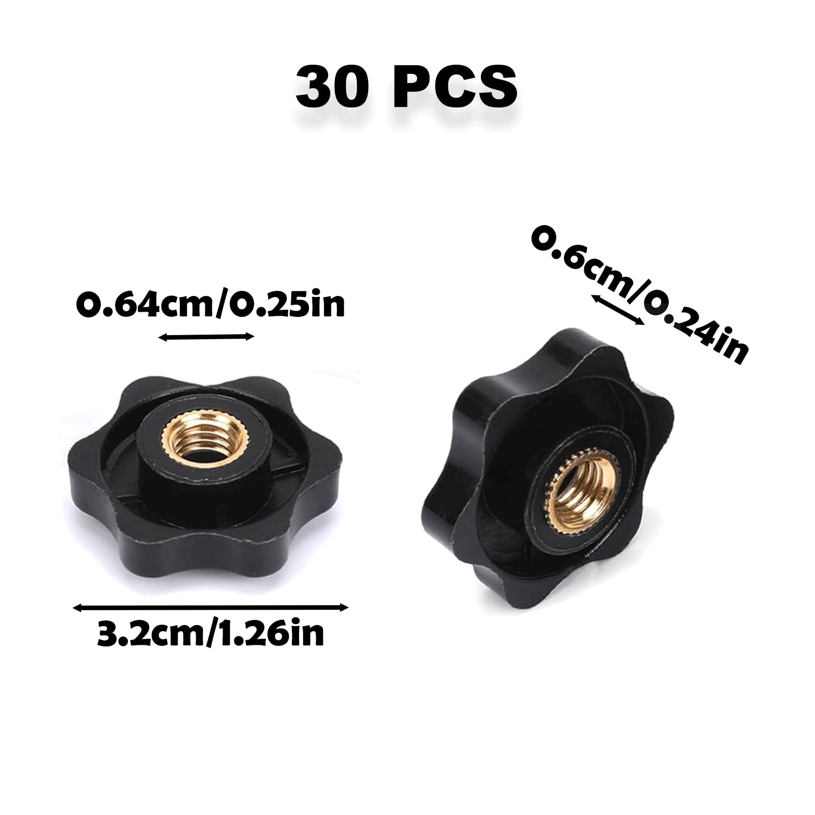 HIZEMLK 30PCS 1/4-20 Knob, 6-Star Knobs, Nylon Female Threaded Knobs, Black Screw-On Type Thru Threaded Knob Nuts, Hand Tighten Clamping Knobs