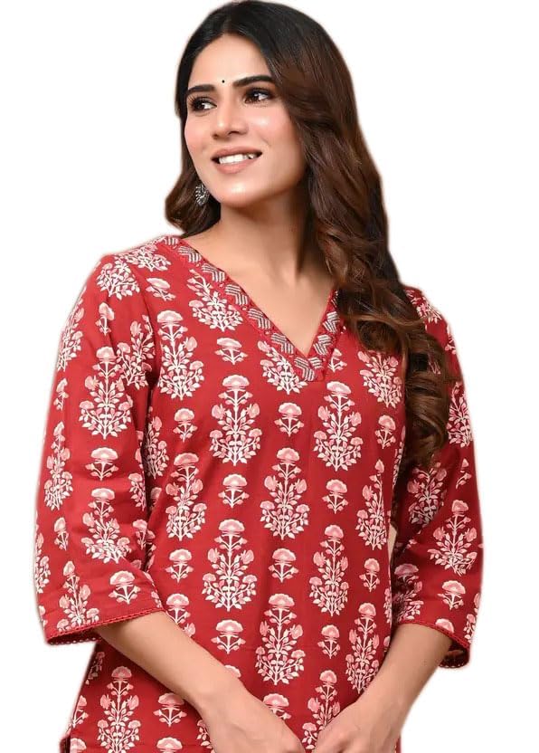 Image of RAINDROP Womens Printed Cotton Straight Kurta for Girls Regular Wear Long Top