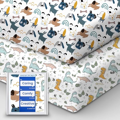 Image of TotBasic Pack and Play Sheets Fitted, Ultra Soft Mini Crib Sheets Boy, Neutral Pack N Play Mattress Sheets Hypoallergenic and Soothing, Premium Jersey Playrad Sheets, Print Dino Animals, 2 Pack