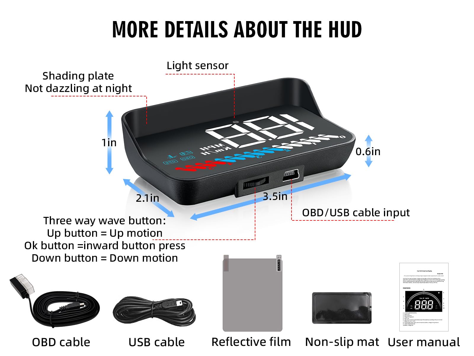 M7 Auto Head-Up-Display (HUD) 3.5" OBD2+GPS Dualsystem - Digitaler Tachometer & Geschwindigkeitsmesser (km/h) mit Übergeschwindigkeits- & Temperaturalarm - Weiße Display-Schrift, Sonnenlichtsichtbar