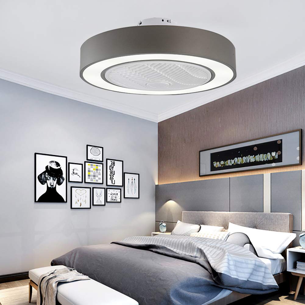 Orillon Modern Macaron Flush Mount Ceiling Fan with Light for Indoor Kitchen Bathroom Bedroom,Remote LED 3 Color Lighting Low Profile Quiet Electric Fan with 4 ABS Blades, 22 inches (Grey)