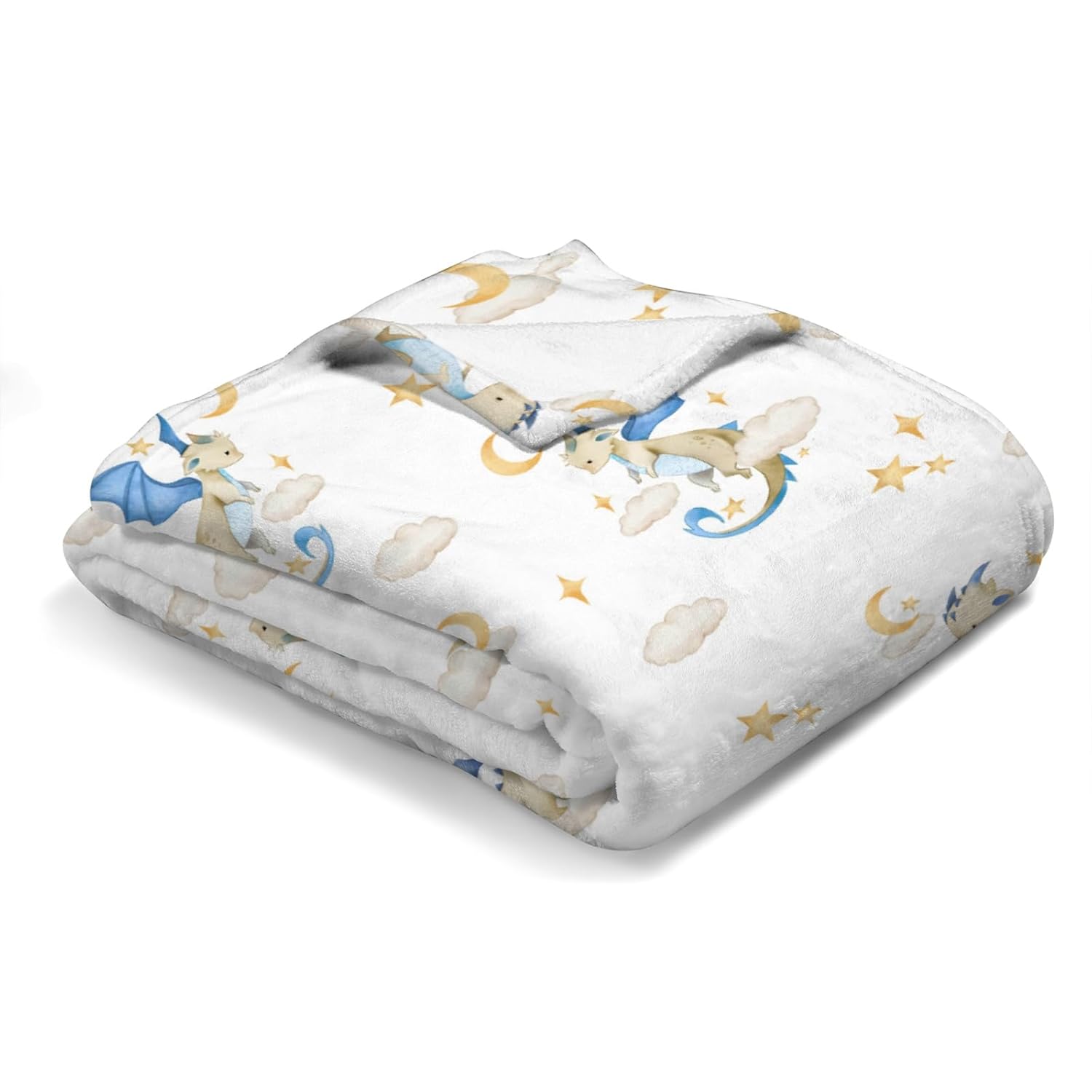 Cartoon Fairy Tale Dragon Moon Stars Clouds Trees Baby Blanket for Boy Girl - Watercolor Dragons Flannel Swaddle - Soft Receiving Blanket for Crib Newborn Nursery Toddler Bed - Golden 60x80