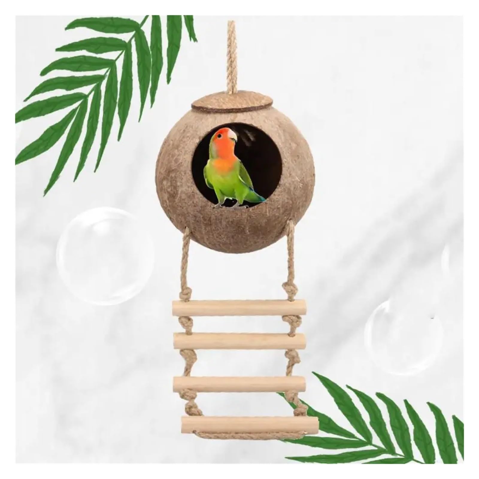 Nido de pájaro de Concha de Coco Jaula for pájaros de Coco Duradera y Transpirable con Escalera, escondite for Loros, Resistente a mordeduras hámster(-L-Rough Surface)