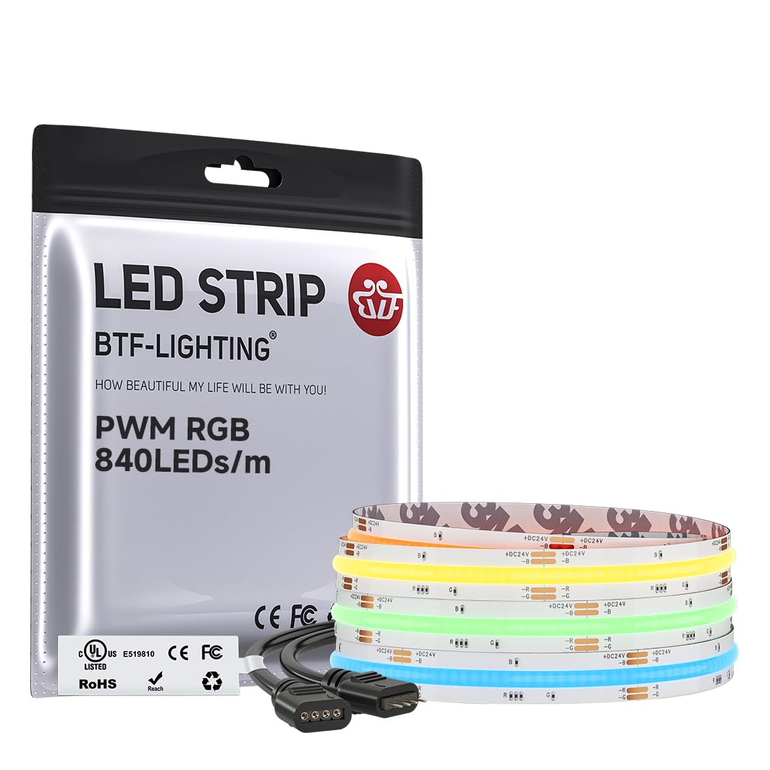 BTF-LIGHTING 9.8FT UL Listed RGB COB LED Strip DC24V Color Changing Light