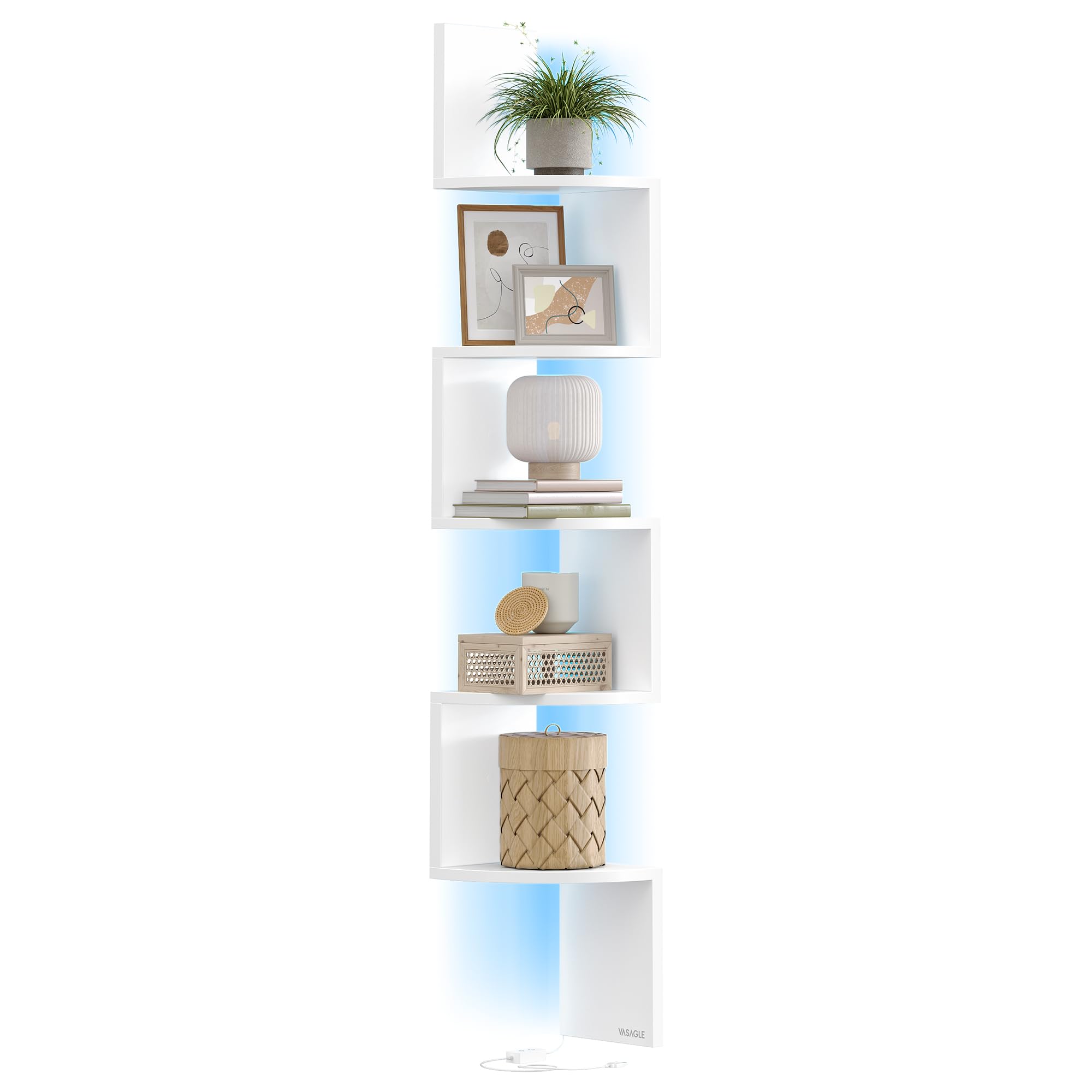 VASAGLE Custos Collection - Étagère d’Angle, Étagère Murale avec Éclairage LED, 5 Niveaux, en Zigzag, Bibliothèque, pour Chambre, Salon, Salle de Bain, avec Bouton, Télécommande, Blanc Mat LBC630W01
