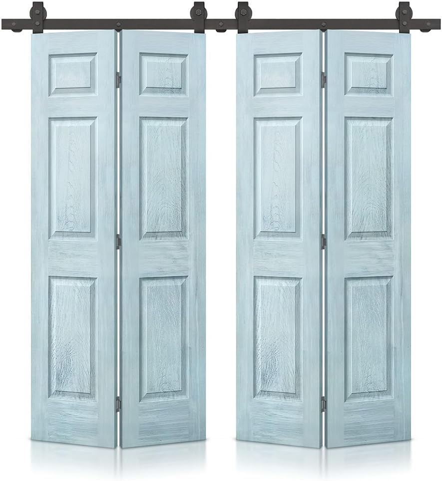 60 in. x 84 in. Hollow Core Vintage Denim Blue Stain 6 Panel MDF Double Bi-Fold Barn Door with Sliding Hardware Kit Traditional 84"X60" Vintage Denim Blue
