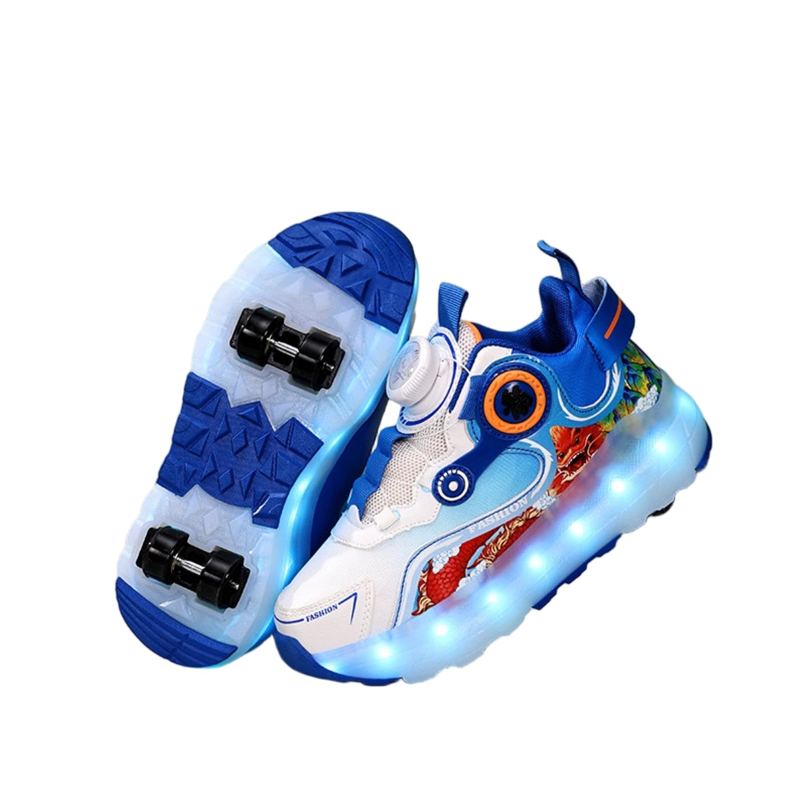 JJDFW 2-in-1-Schuhe für Kinder, zweireihig, abnehmbar, mit LED-Lichtern, Mesh-Obermaterial mit Drehverschluss und Drachen-Druck, 2-in-1-Schuhe, Weiß, Rot, Weiß, Blau