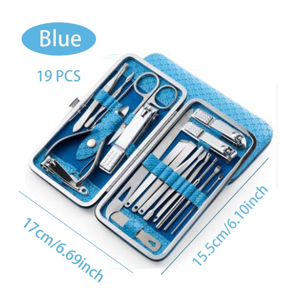 Cortaúñas de Acero Inoxidable, Juego de cortaúñas, cortaúñas para pies y Set de manicura, Ideas de Regalo (19 Piezas), Kit de manicura (Negro) (Azul)