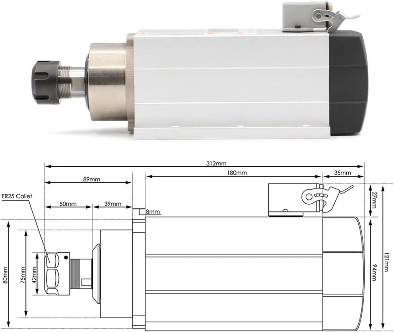 220v 2.2kw ER25 air Cooled Spindle 4 pcs Bearings Ceramic Ball Bearings 0.01mm & 2.2kw VFD/Inverter(220v)