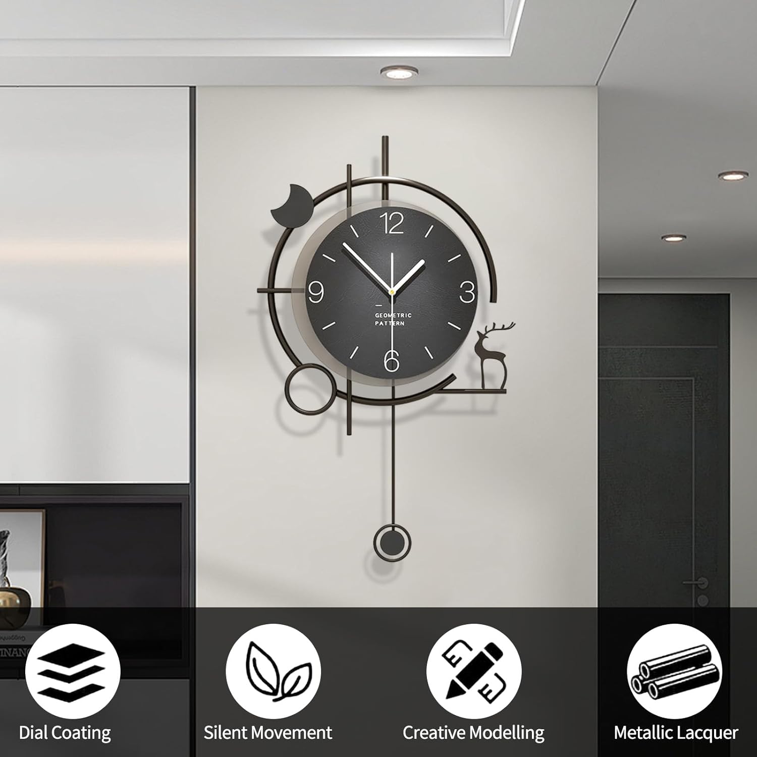 Modern Wall Clock for Living Room,Large Black Decorative Wall Clock with Pendulum Creative Silent Clock Non Ticking Battery Operated for Living Room Kitchen Bedroom Home Wall Decor (20.8x13Inch)