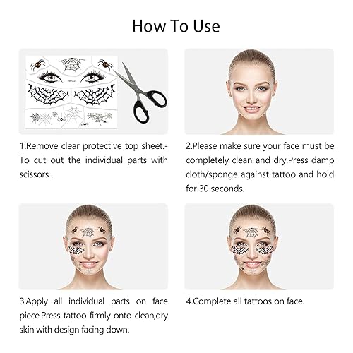 Miniatura 6 de 8 hojas de calcomanías de tatuaje de Halloween, divertidas telarañas, murciélagos, cicatrices, tatuajes temporales para mujeres, impermeables,