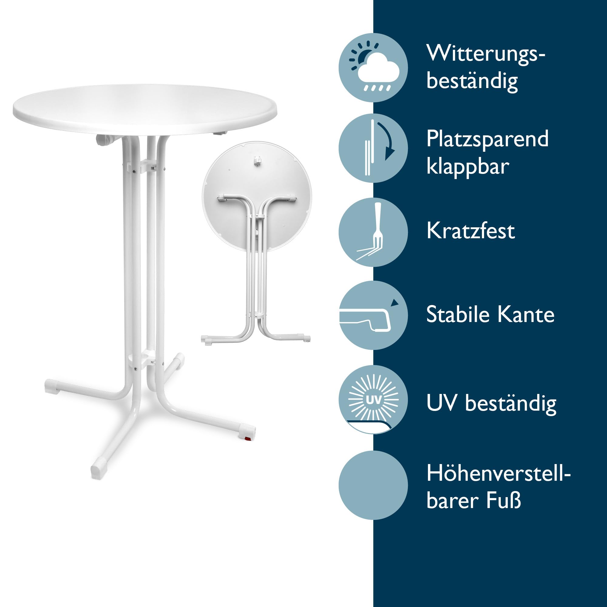 Beautissu Weißer Stehtisch klappbar 70 cm mit Stretch Stehtischhusse Weiß – Outdoor Bistrotisch Kratzfest, UV- & wetterbeständig – Husse rutschfest, waschbar & bügelfrei – Bellini & Stella