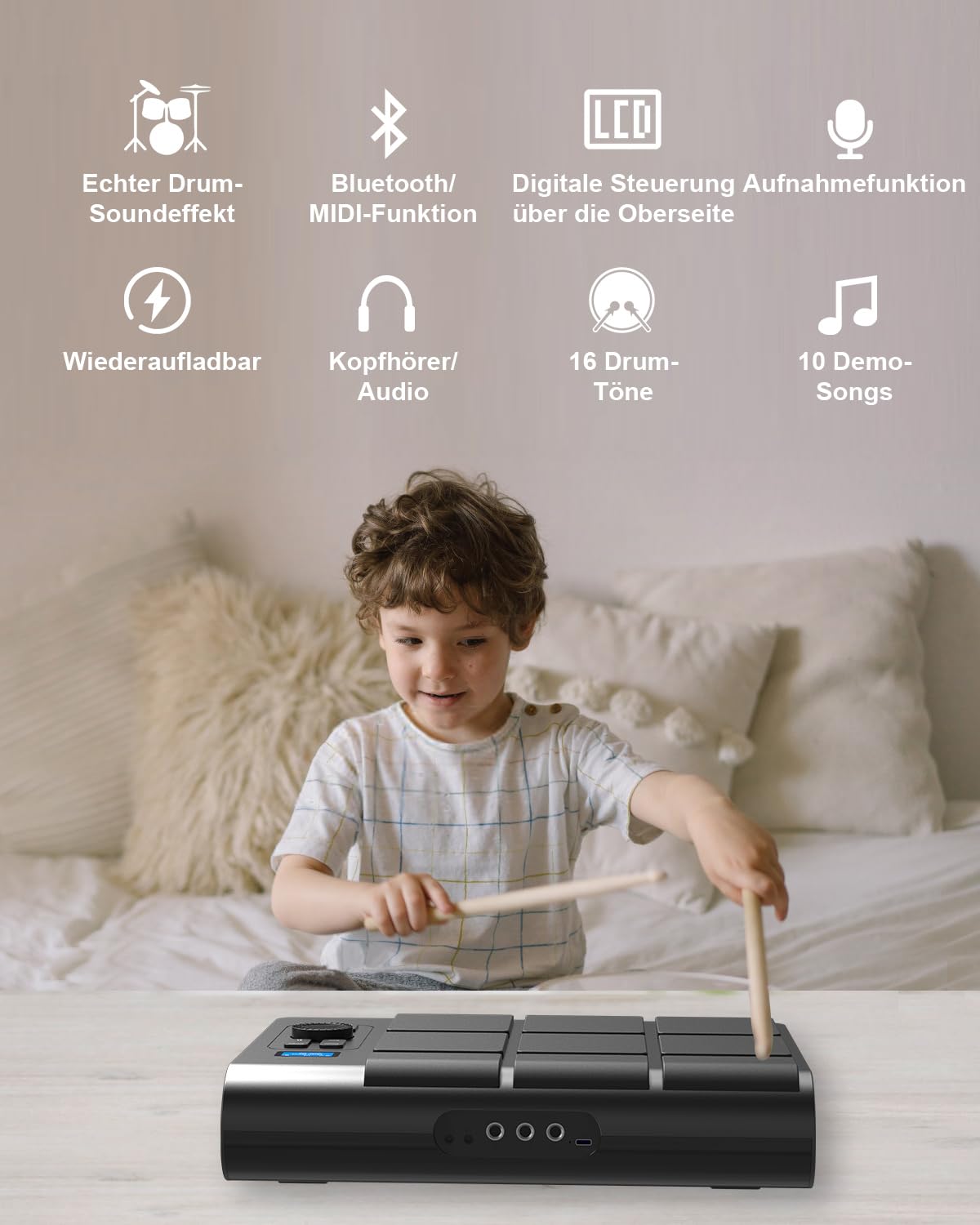Batería electrónica de 9 almohadillas con LCD, altavoces estéreo duales y pedales | Set de batería de mesa portátil para principiantes y profesionales | Compatible con Bluetooth MIDI | Ideal para casa