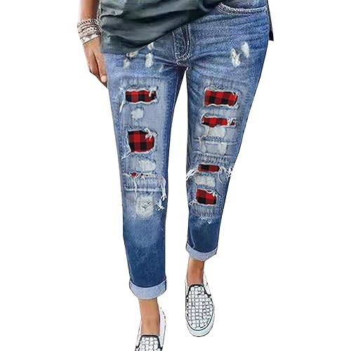 Astylish Womens Plaid Patch Ripped Boyfriend Distressed Stretch Skinny Denim Jeans with Hole