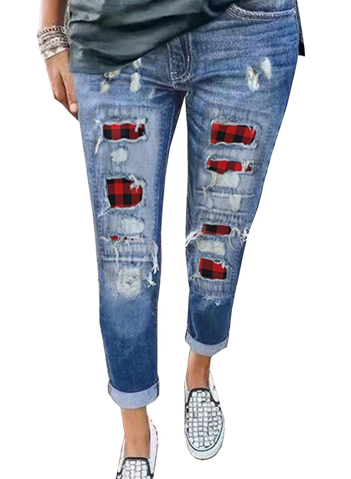 AstylishWomens Plaid Patch Ripped Boyfriend Distressed Stretch Skinny Denim Jeans with Hole