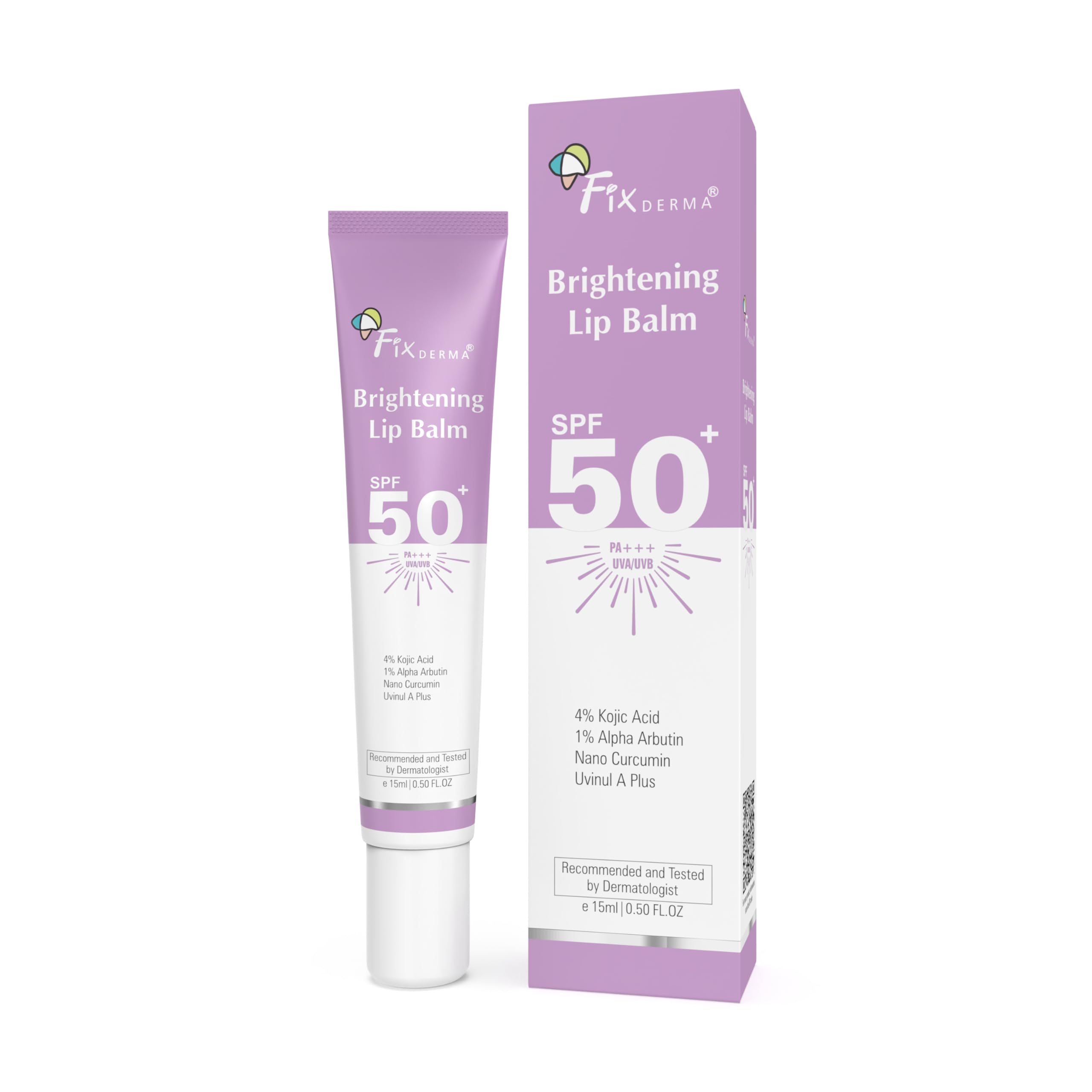 Fixderma Brightening Lip Balm With SPF 50 PA+++ for Pigmented & Dry Lips | 4% Kojic Acid, 2% Alpha Arbutin | Moisturizes, Hydrates & Brightens Pigmented Lips | For Men & Women - 15ml