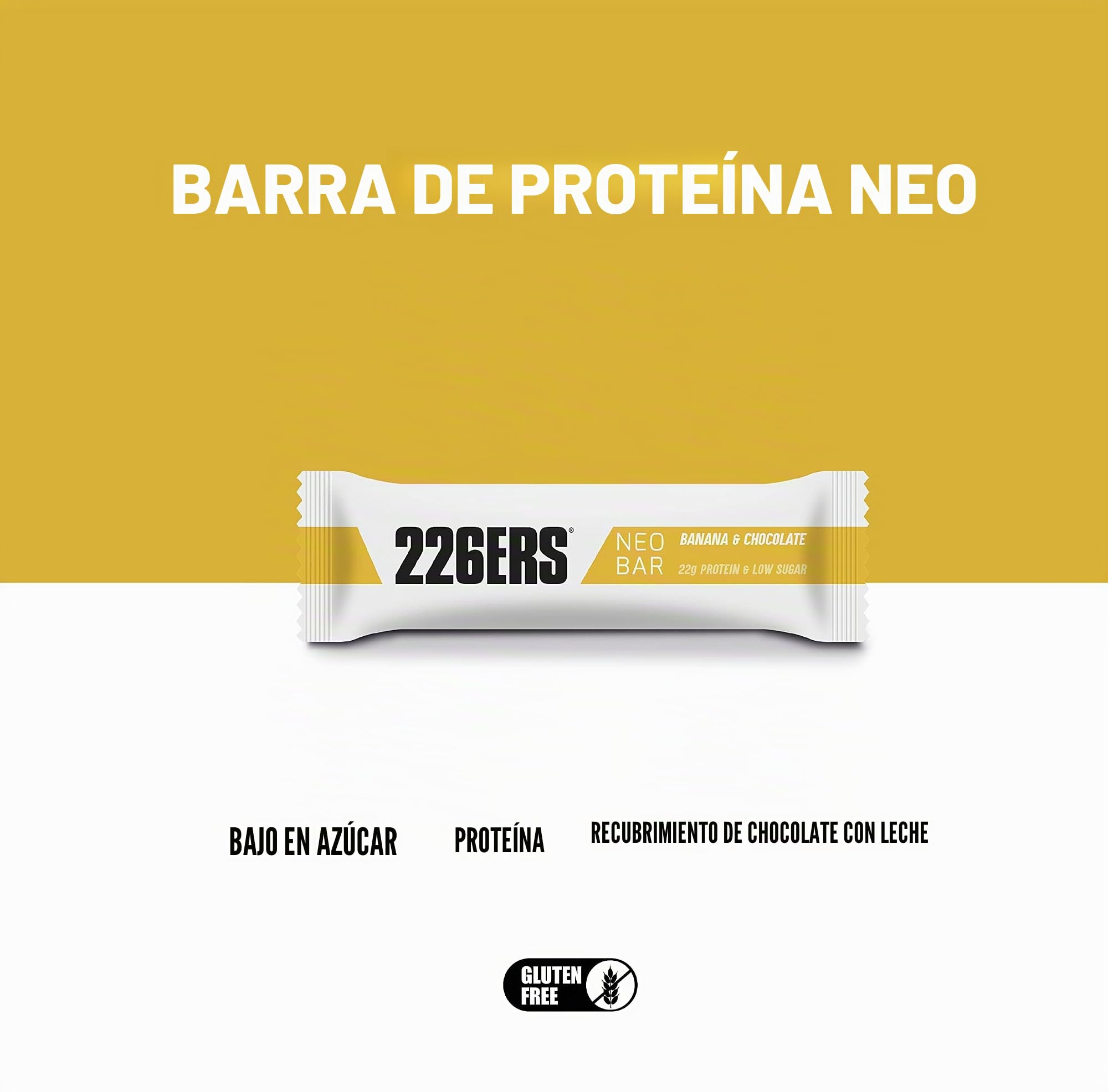 226ERS Neo Protein Bar, Barrita Proteica, Plátano 24 x 50 g | 24 g de proteína y baja en azúcar, cobertura de chocolate, sin gluten, ideal como snack y recuperadora muscular