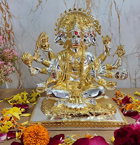 Image of Gold Art India Gold and Silver Plated Panchmukhi Hanuman Idol | Bajrang Bali Murti for Mandir | with Enamel Work Showpiece Figurine for Home Temple, Gifting(23L x 18W x 23H cm)(GOLDSILVERTWOTONE)