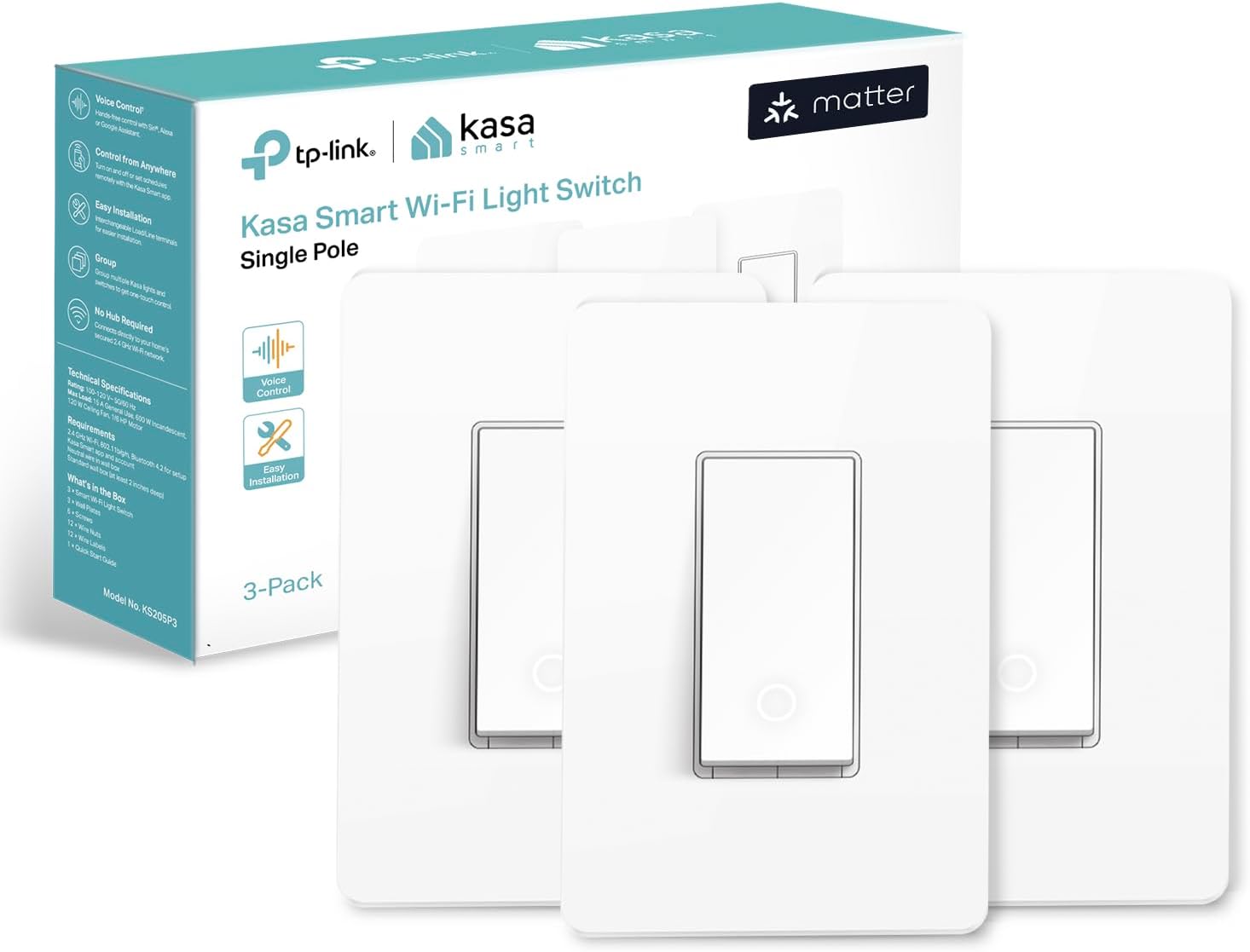 Kasa Matter Smart Light Switch: Voice Control w/Siri, Alexa & Google Assistant, UL Certified, Timer & Schedule, Easy Guided Install, Neutral Wire Required, Single Pole, 2.4GHz Wi-Fi, 3-Pack