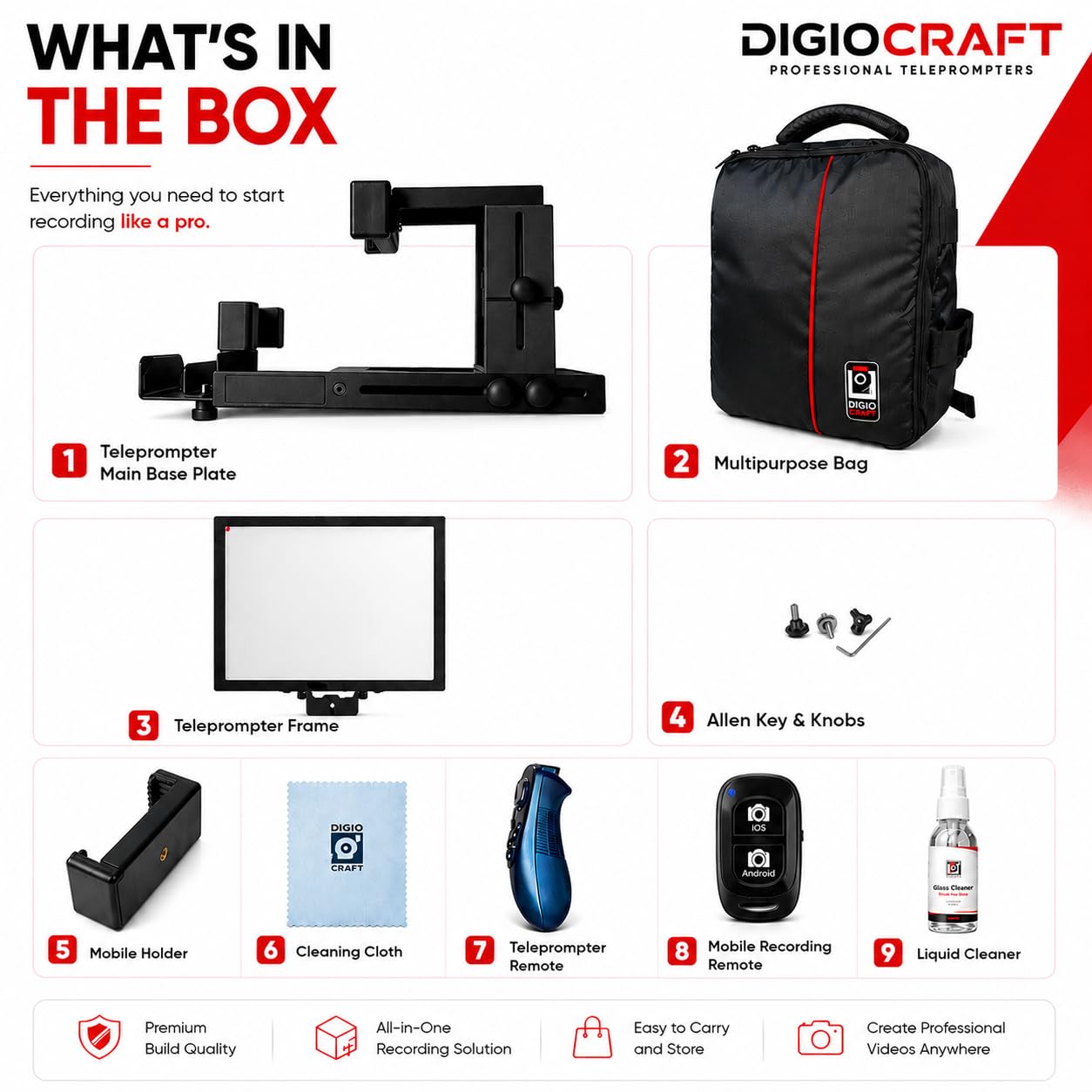 Proshot V5 Teleprompter for iPhone, Ipad, Smartphone, DSRL Camera with Remote Control | Software & Pro Video Recording Training | Matelic Body | Carry Case | Easy Assembly | Video Making — Amazon image 2