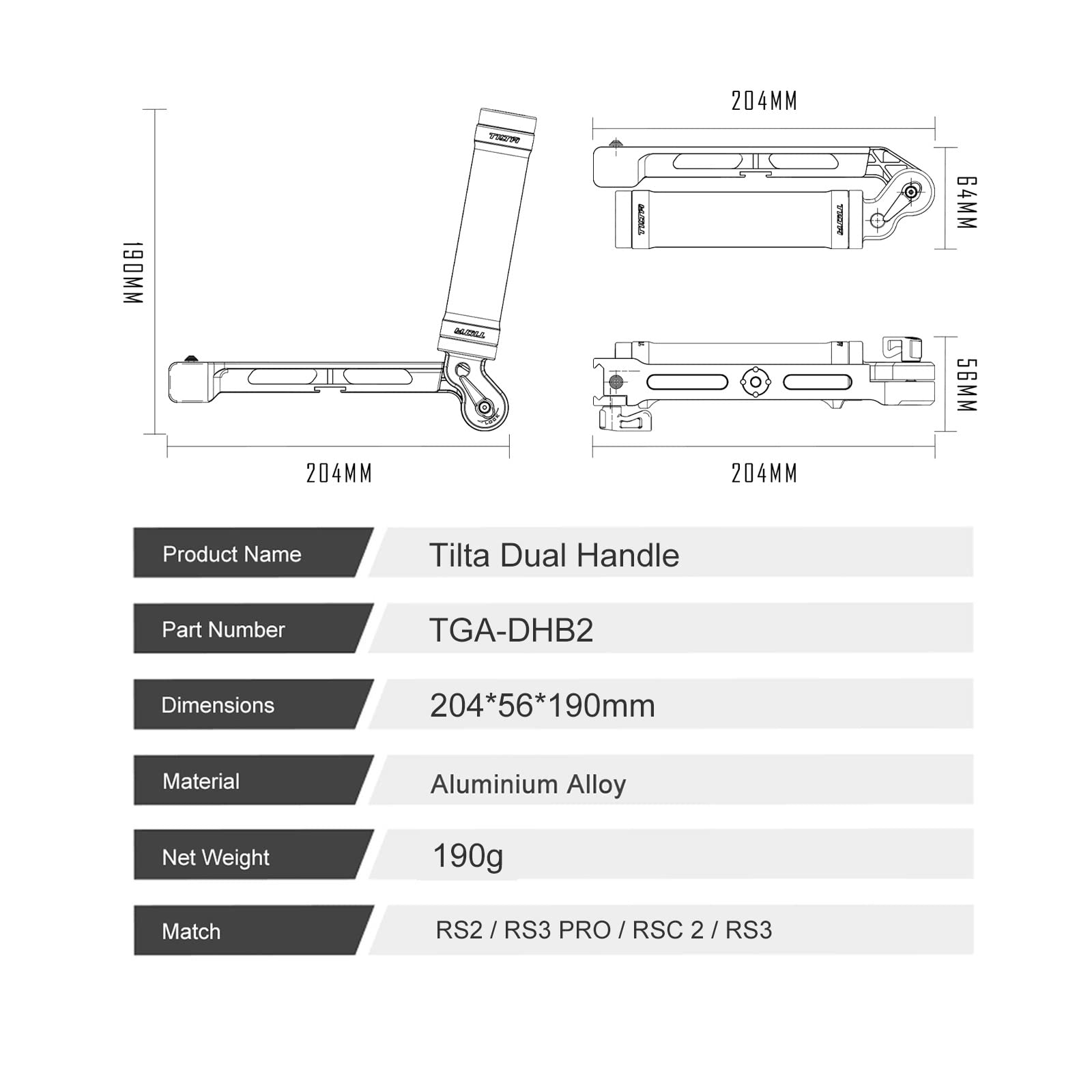 Tilta Support Double Poignée Pour DJI RS2/RSC2/RS3/RS4 - Réglable Avec Fixations 1/4-20 Et Cold Shoe | Améliore Stabilité Gimbal