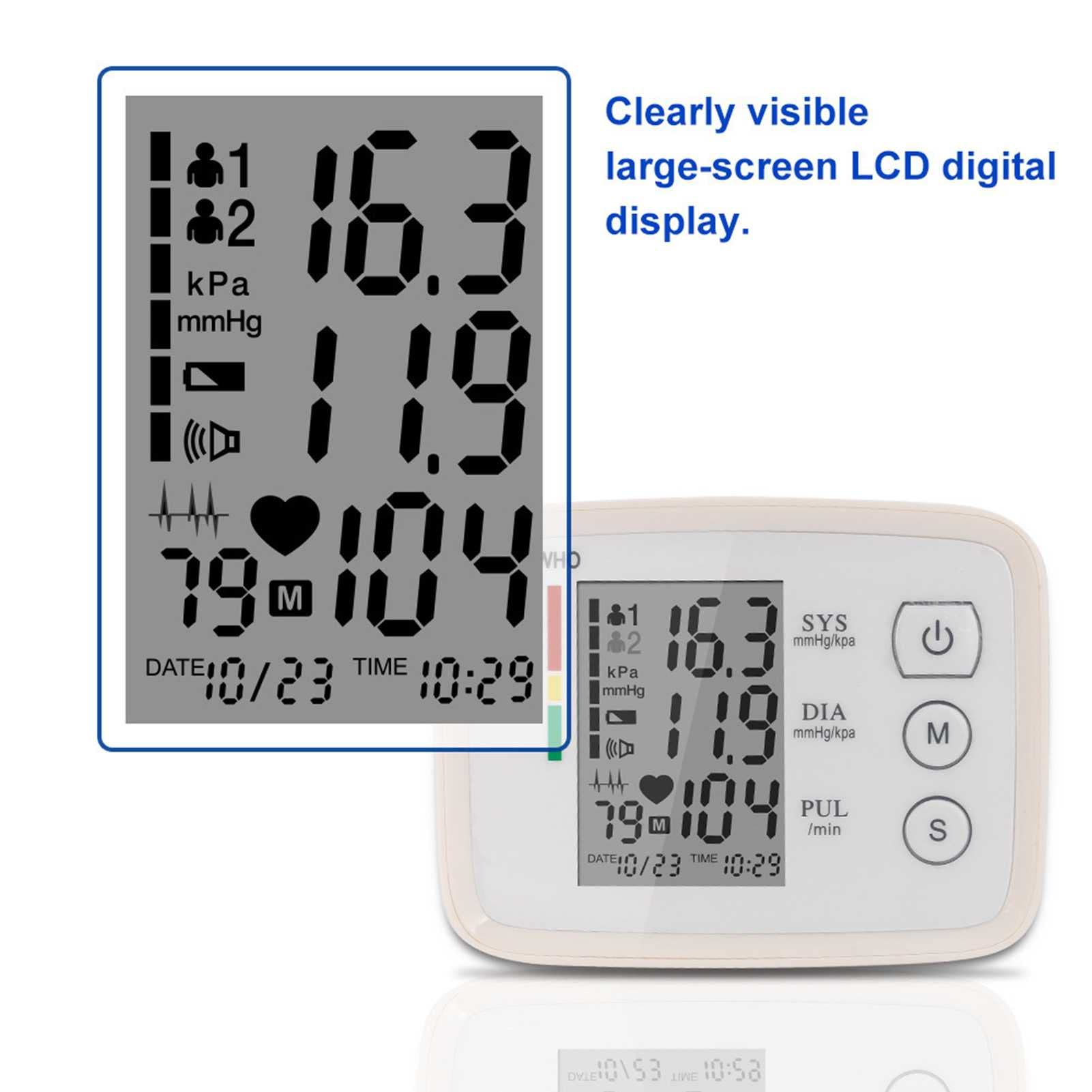 Esfigmomanómetro electrónico de Brazo, 90 Grupos de Datos de Memoria, Pantalla Grande LCD de Alta definición, transmisión en inglés, Monitor de presión Arterial doméstico Multifuncional