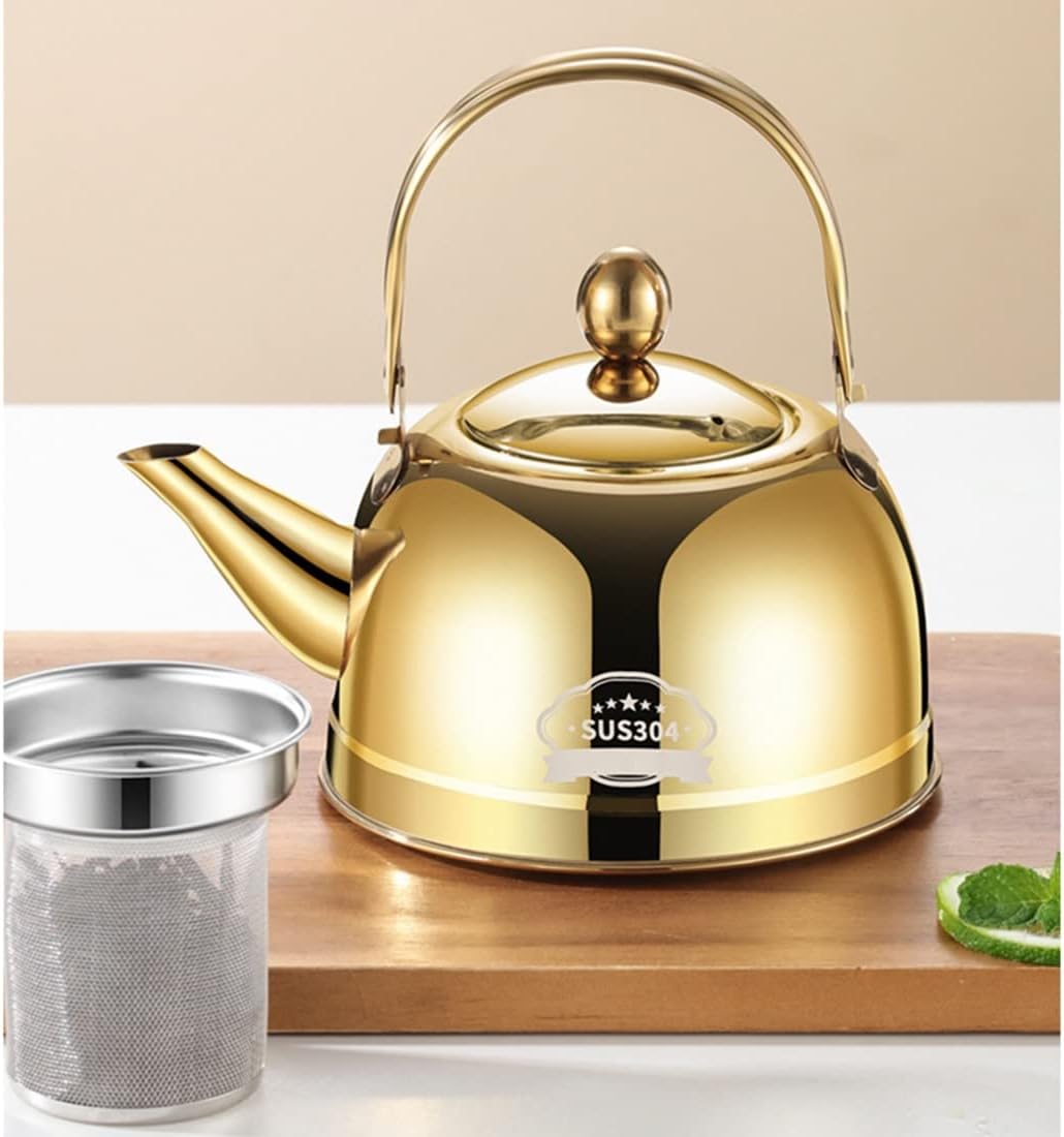 Tea Kettle with Infuser Teapot for Loose Tea Stove Top Tea Pot Safe 304 Stainless Steel Water Pot(Gold,2.4L)