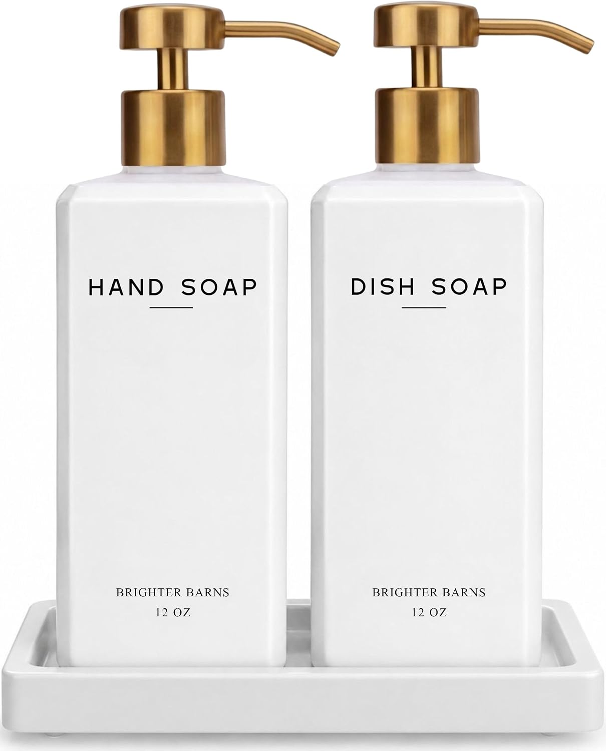 Luxury Glass Hand and Dish Soap Dispenser Set by Brighter Barns - 12oz Kitchen Soap Dispenser with Pump and Ceramic Tray for Kitchen Sink - Gold Home Decor for Vacation Rental, Restaurant (Amber/Gold)