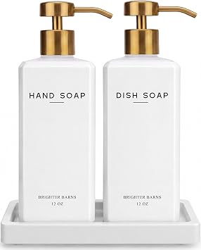 Luxury Glass Hand and Dish Soap Dispenser Set by Brighter Barns - 12oz Kitchen Soap Dispenser Set & Tray for Kitchen Sink - White and Gold Home Decor for Restaurant, Vacation Rental, Gift (White/Gold)