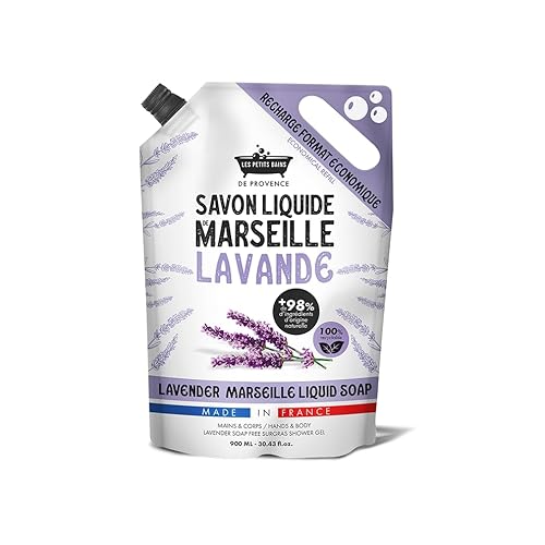 Recharge Savon Liquide de Marseille Lavande 900ml Les Petits Bains de Provence - Savon liquide naturel, +98% ingrédients d'origine naturelle, pour mains et corps, recyclable