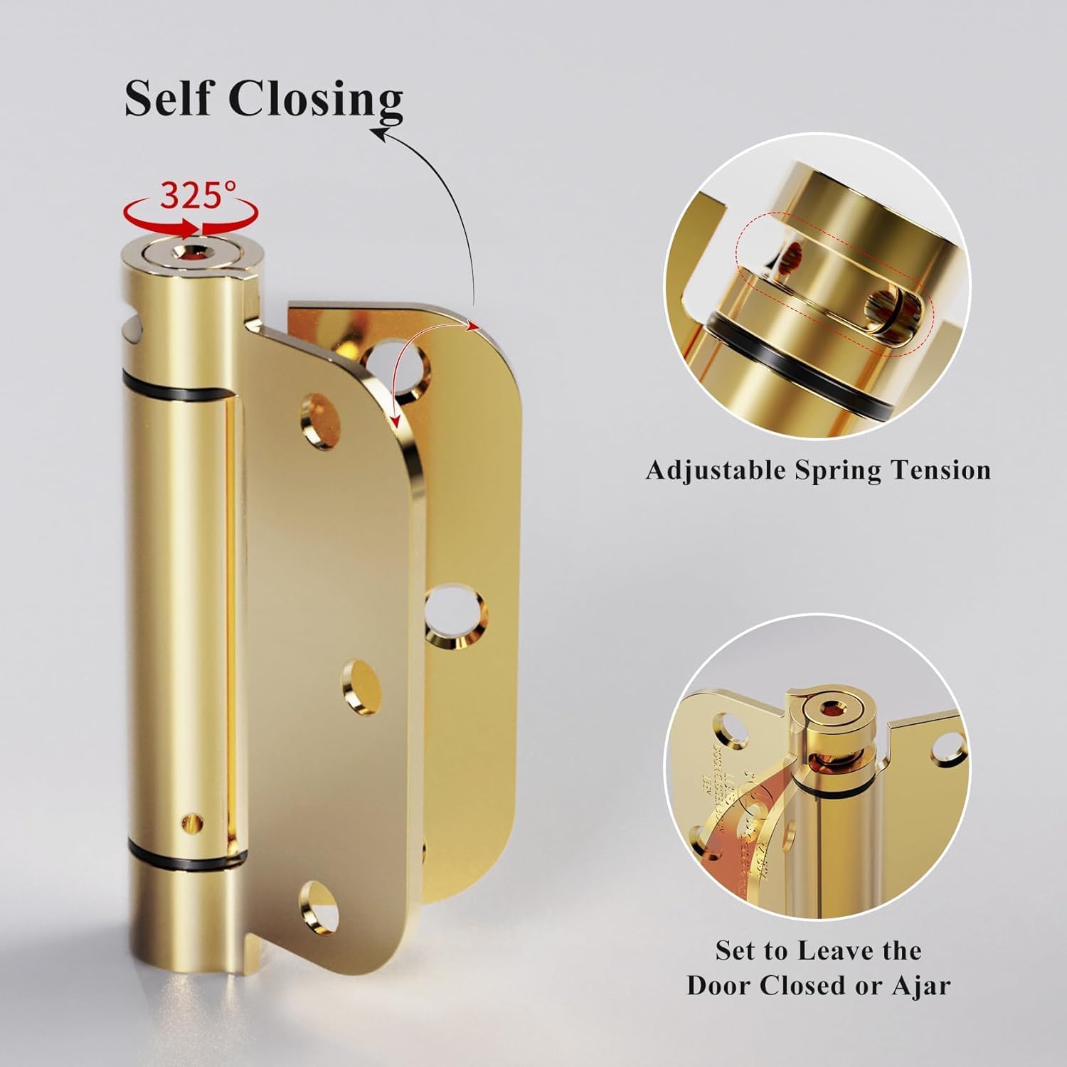 Sophia 4 Pack Self-Closing Door Hinge 3.5 Inch Rounded 5/8 Radius, Spring Loaded Hinges Adjustable Tension, Automatic Door Closer Hinge for Interior Exterior Residential Standard Indoor Doors, Gold