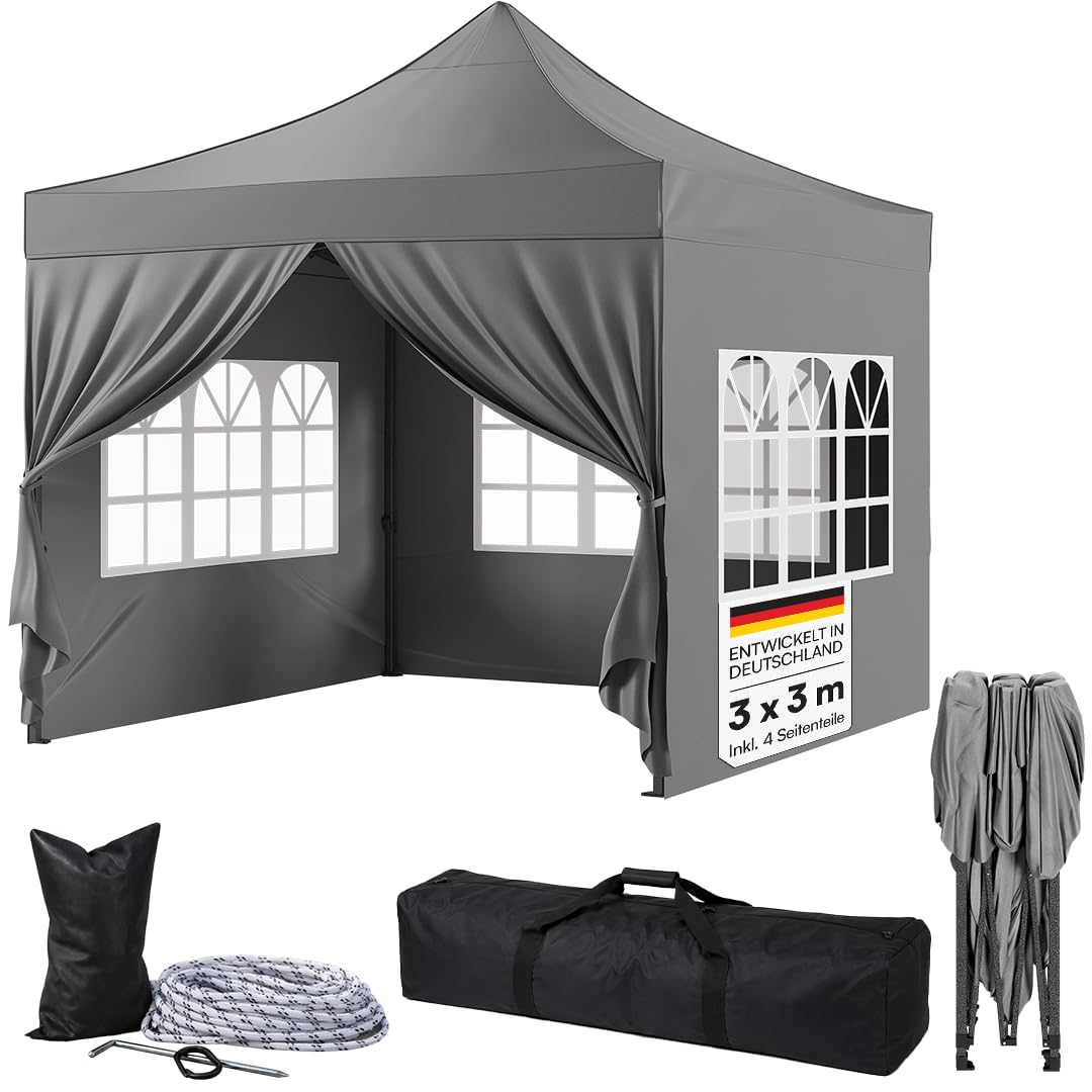 STEELSØN Rynara Pavillon 3x3 m – Faltpavillon mit 4 Seitenteilen – hochwertiger Gartenpavillon inkl. Tragetasche mit Rädern & 3-Fach höhenverstellbar – extrem stabil & UV-/wetterfest - grau