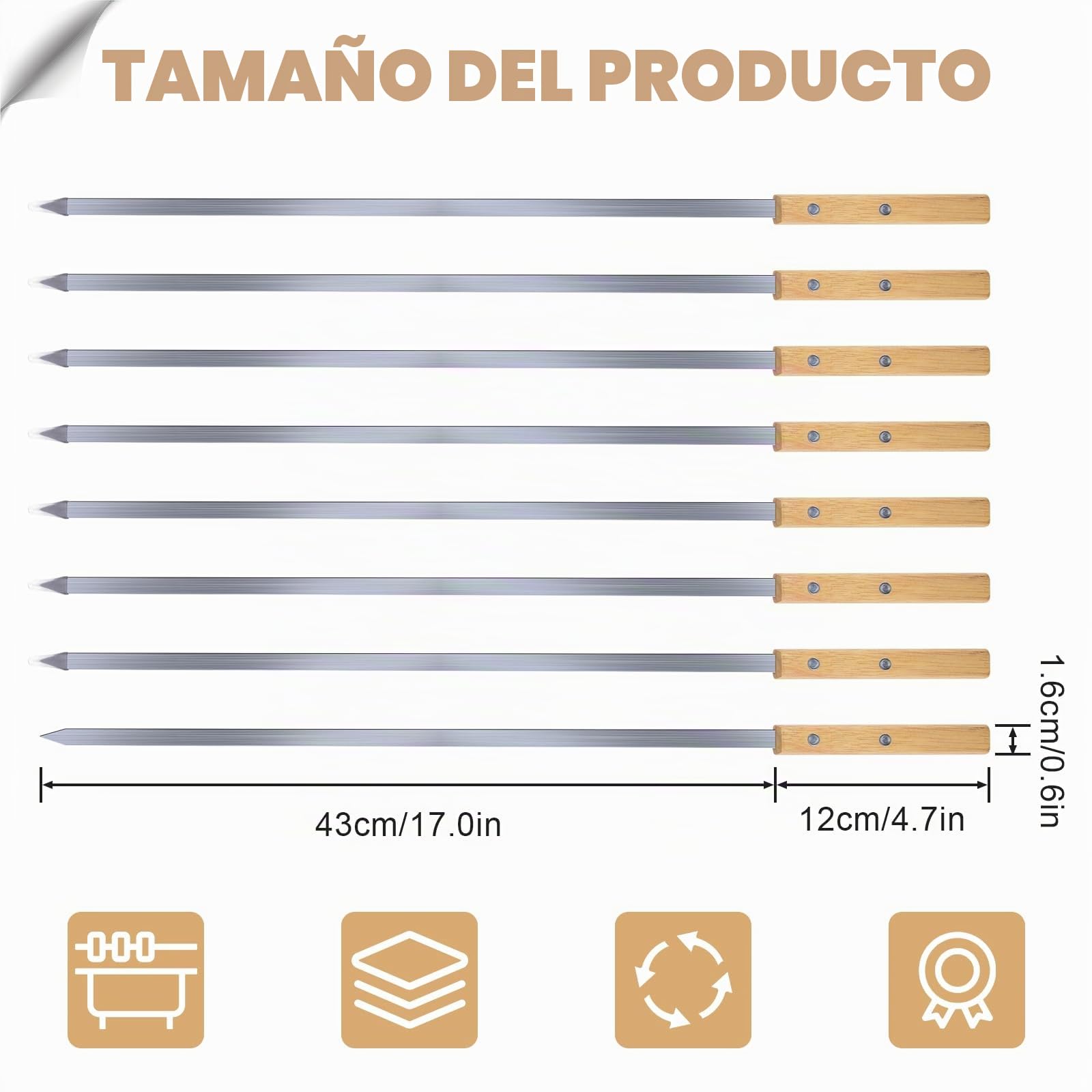8 Piezas Brochetas Barbacoa de Acero Inoxidable con Mangos de Madera de Haya, 55cm Pinchos Barbacoa Extra Largas, Brochetas de Barbacoa Reutilizables para Fiestas Barbacoa