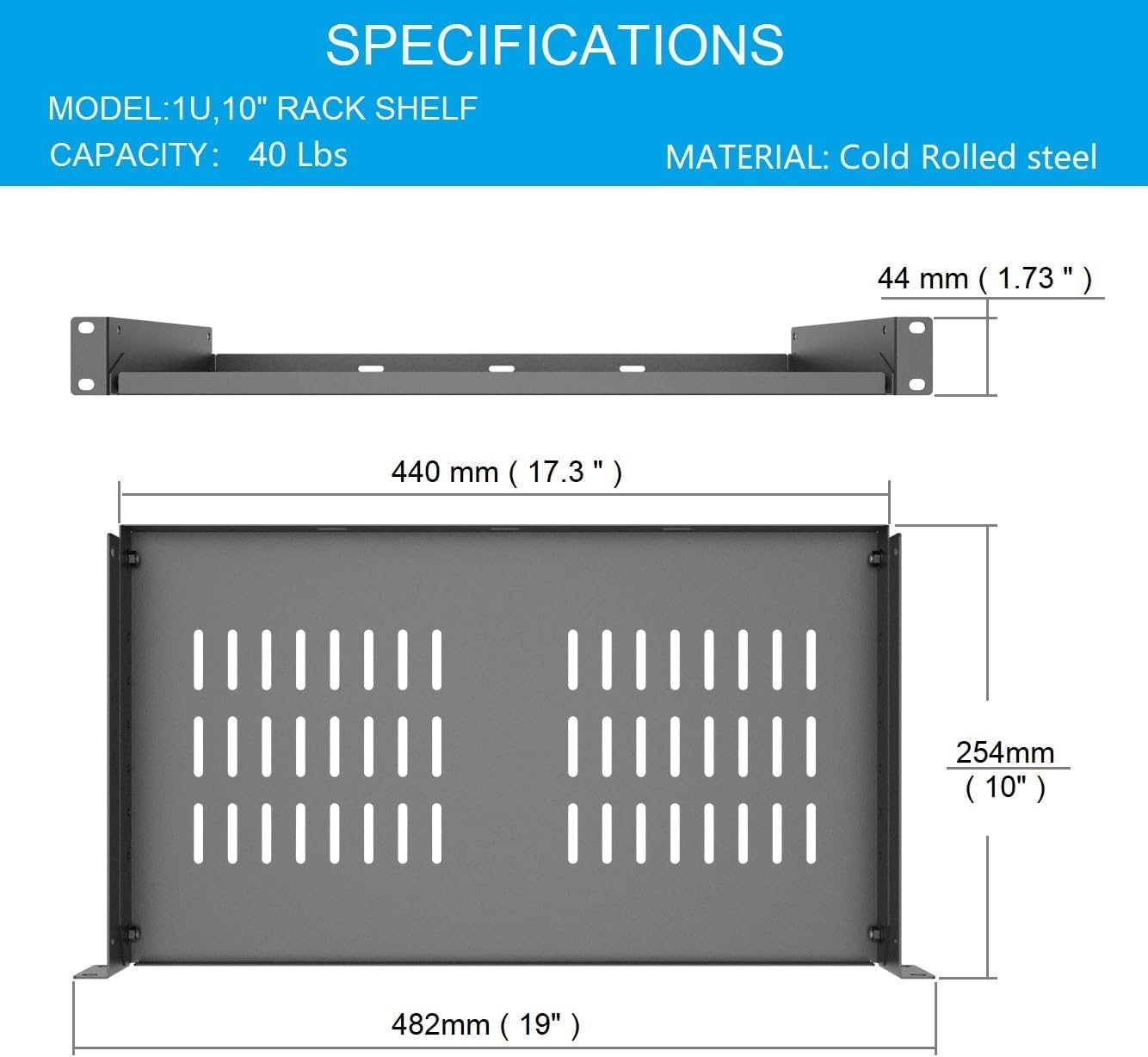 1U Universal Server Rack Shelves - 10" Deep, Steel Vented Cantilever Rack Tray for 19" Equipment, Black (10 inch) - Image 2