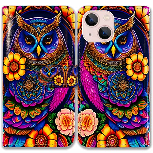 Bcov iPhone 14 Case,Colorful Owl Mandala Flower Leather Flip Phone Case Wallet Cover with Card Slot Holder Kickstand for iPhone 14