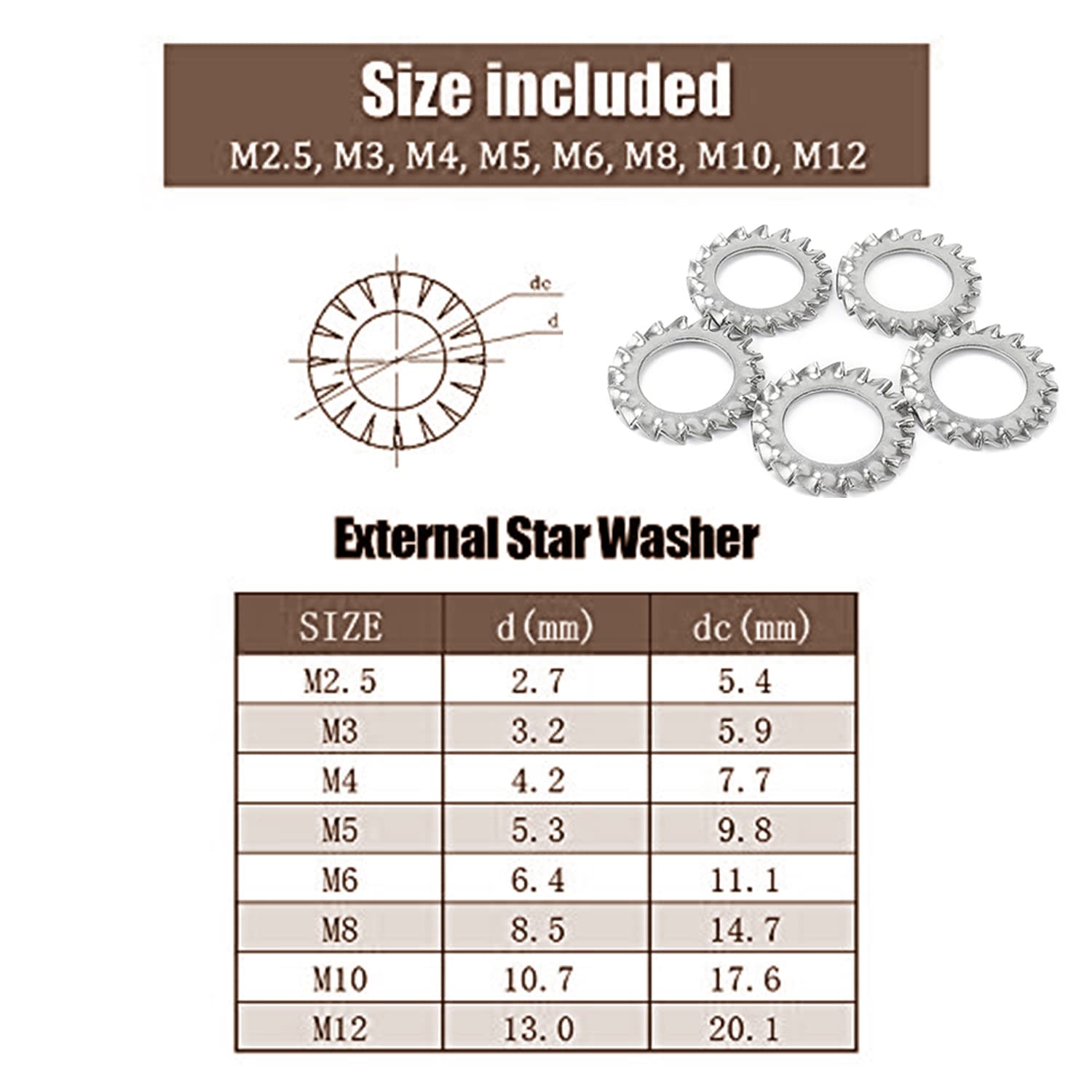 300 pcs Metric 304 Stainless Steel External Star Washer Kit - Included:M2.5 M3 M4 M5 M6 M8 M10 M12