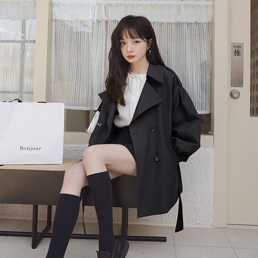 [EDREES] レディース ジャケット トレンチコート 長袖 ラペル ショート丈 パフスリーブ ベルト付き 無地 ゆったり 着痩せ