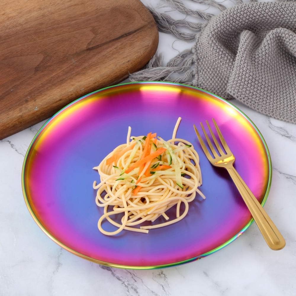 Teller- und Schalen-Sets, Edelstahl-Geschirr, Schalen, Tassen, Küchengeschirr-Set, Service für 4 (Regenbogen, 23 cm Teller/5,1 Zoll Schüssel/Tassen)