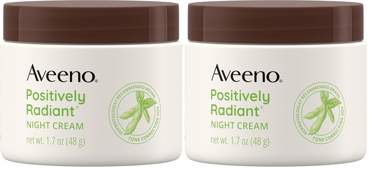 Aveeno Positively Radiant Moisturizing Face & Neck Night Cream with Tone Correcting Soy & Niacinamide,Night Cream Targets Dull Skin-& Evens Skin Tone-& Texture,Hypoallergenic,1.7 oz,(Pack of 2)